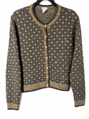 Vintage 90s Airport Shetland Wool Cardigan Women’s L Geometric Brown Green